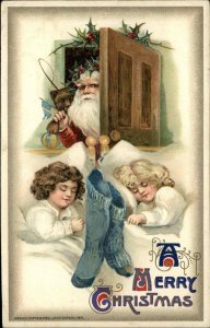 Christmas Sleeping Children Santa Claus Teddy Bear John Winsch 1911 Postcard