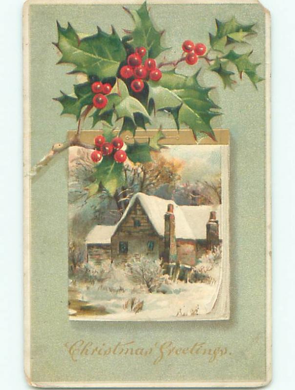 Pre-Linen christmas SNOW-COVERED HOUSE WITH HOLLY k1104