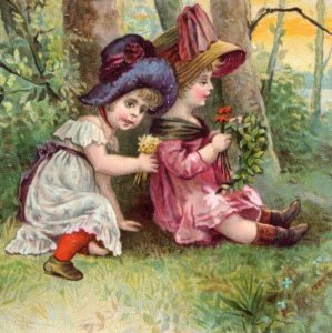 1888 Victorian Christmas Trade Card Poem Adorable Children Woods #7L