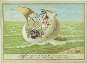 1880's Lovely Embossed Easter Egg Boat Kids Victorian Trade Card P115