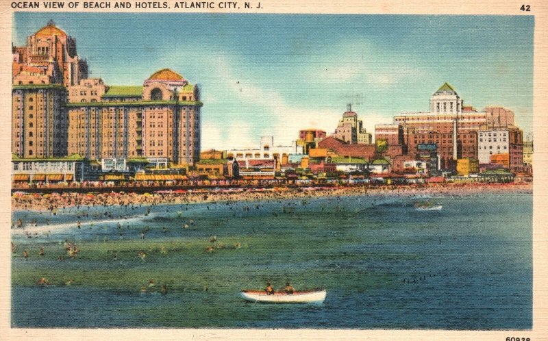 Vintage Postcard 1939 Ocean View Of Beach And Hotel Atlantic City New Jersey NJ