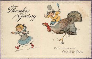 Thanksgiving Boy Pilgrim Axe Chases Turkey c1910 Vintage Postcard