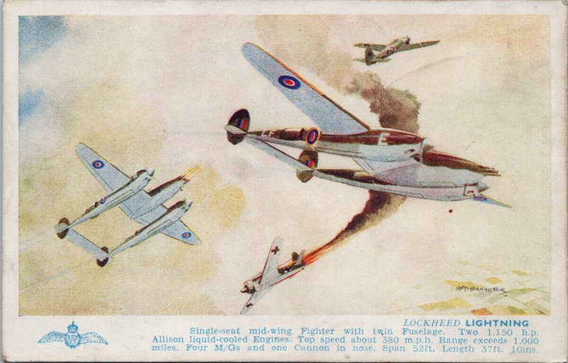 Lockheed Lightning Fighter Airplane WW2 Bannister Artist Salmon Postcard G55