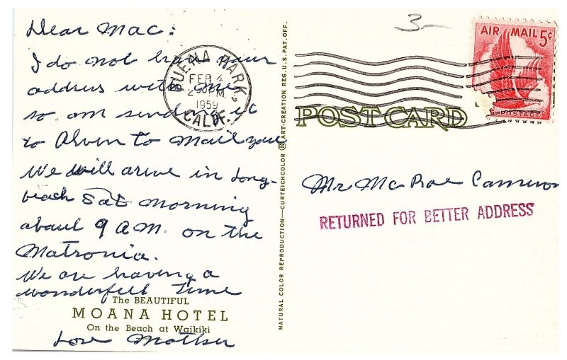 Moana Hotel Panoramic w Waikiki & Sail Boats Hawaii Postcard 1959