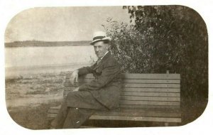 1915 RPPC Man on Bench At Lake Michigan in Lincoln Park Real Photo Postcard P2