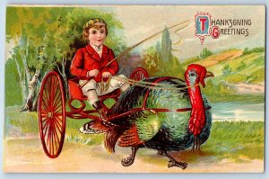 New Bedford IL Postcard Thanksgiving Greetings Turkey Pulling Carriage Embossed