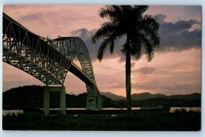 Panama Postcard Sunset Behind Thatcher Ferry Bridge Across Panama Canal c1950’s