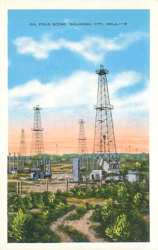 Oklahoma City Oklahoma Oil Field in Sunset Linen Postcard Unused