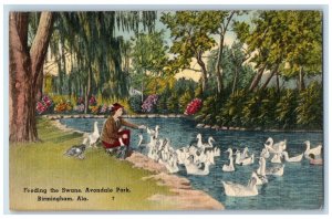 1956 Feeding the Swans, Avondale Park, Birmingham Alabama AL Postcard