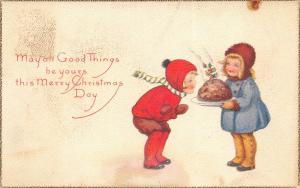 Merry Christmas Day 1922 Postcard Children Smell Christmas Loaf