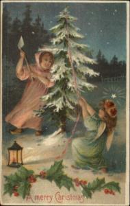 Christmas - Alngel Girls Chop Down tree c1910 Postcard
