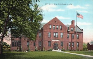 Vintage Postcard 1946 City Hospital Building Massilon Ohio OH Structure US Flag