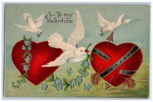 1908 Valentine Hearts Dove Flowers Embossed Wilmington Delaware DE Postcard 