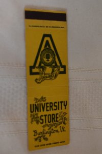 University of Vermont Store Burlington Yellow 20 Strike Matchbook Cover