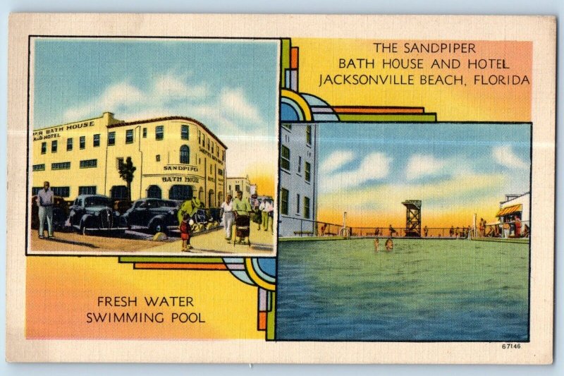 Jacksonville Beach Florida FL Postcard Sandpiper Bath House Hotel c1940 Vintage