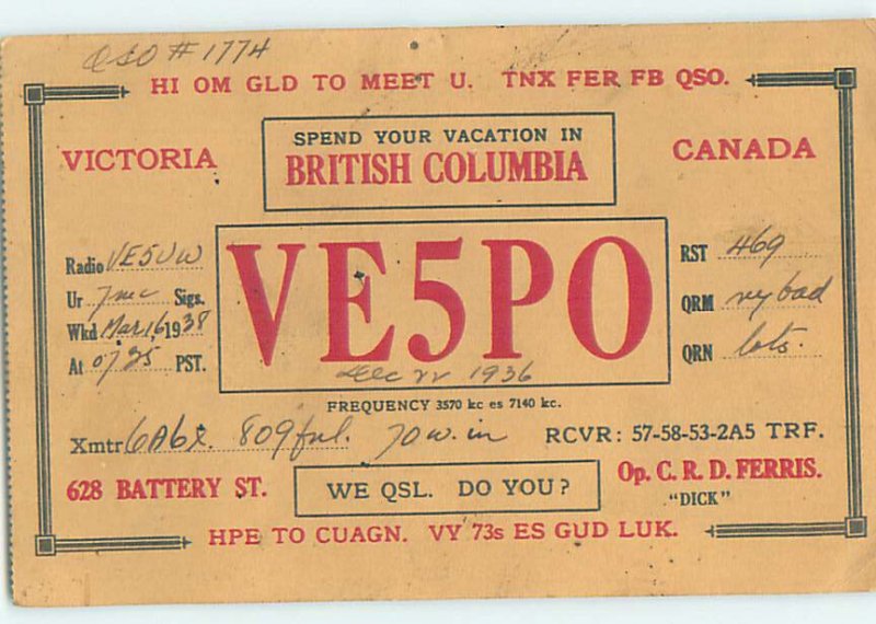 1930s QSL RADIO CARD Victoria - Vancouver Island British Columbia BC AH3281