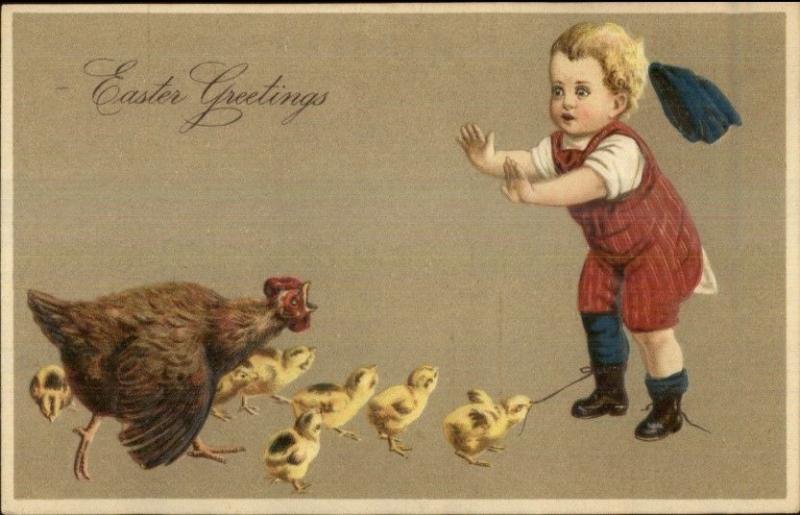 Easter Chicken Gets After Little Boy Chicks c1910 Embossed Postcard EXC COND