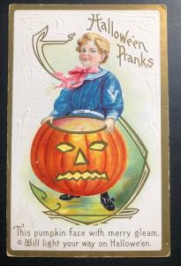 1913 Barberton OH Usa Picture Postcard PPC Cover Halloween Little Boy & Pumpkin