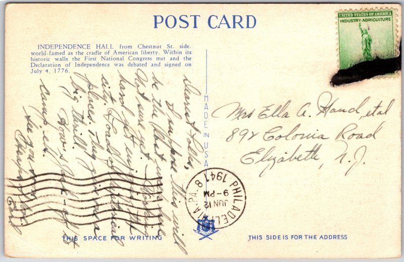 Philadelphia PA, 1941 Independence Hall & Commodore Barry Monument, Postcard