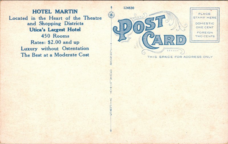 Postcard NY Utica Hotel Martin
