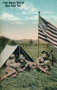 WWI SOLDIERS w/ AMERICAN FLAG ANTIQUE POSTCARD