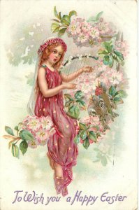 Embossed Tuck Easter Postcard 1051 Fantasy Fairy Child Plays Harp For the Birds