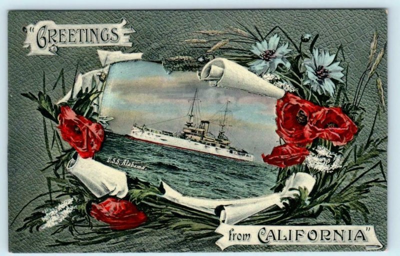 Greetings from California U.S.S. ALABAMA Great White Fleet ca 1908  Postcard