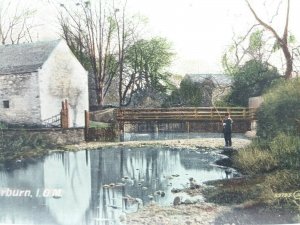 Man Fishing in River at Silverburn Isle of Man Vintage Antique Postcard 1909