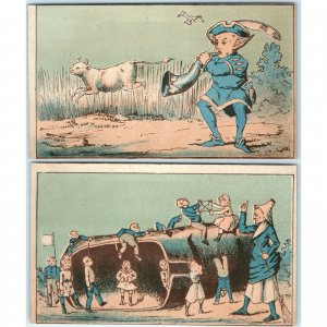 x2 SET c1880s Odd Giant Shoe Cow Horn Stock Trade Cards Weird Fantasy Blue C30