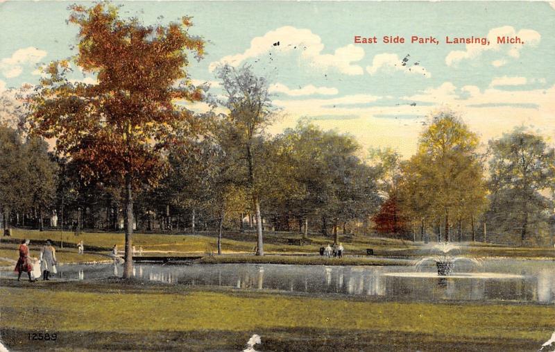 Lansing Michigan~East Side Park Scene~Fountain in Lake~Ladies & Girl~1915 Pc