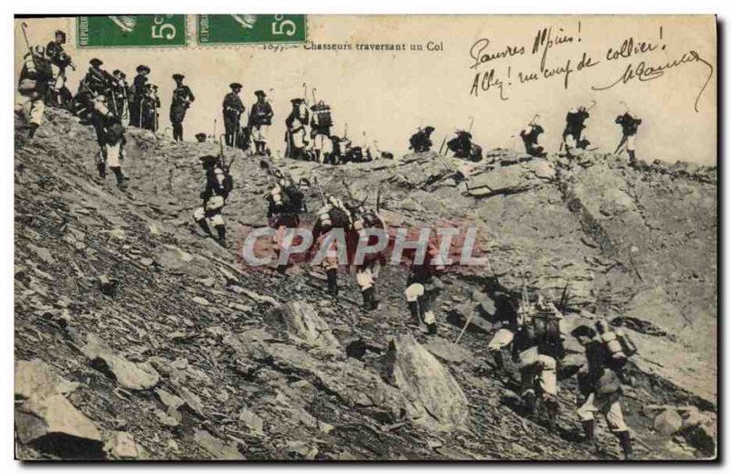 Old Postcard Militaria Alpine Hunters crossing a neck