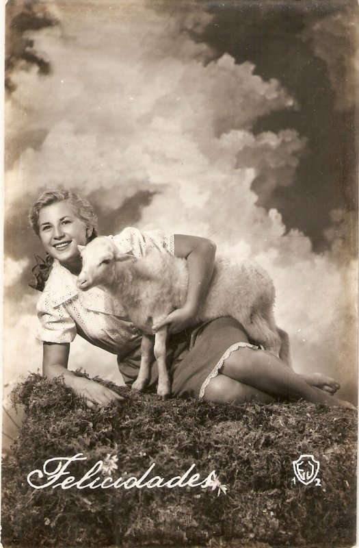 Pretty lady with lamb in the field Nice vintage Spanish postcard