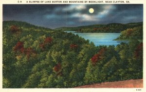 Vintage Postcard 1920's Glimpse Lake Burton & Mountains By Moonlight Clayton GA