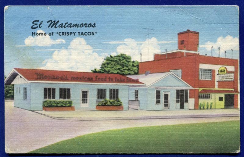 EL Matamoros home of Crispy Tacos Austin Texas tx roadside linen postcard