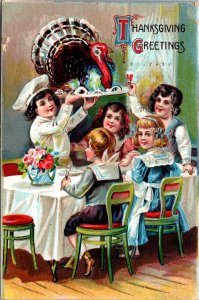 Thanksgiving Postcard Child Chef Holding Turkey Dinner for Children at Table