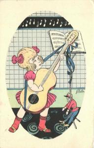 Artist impression 1920s Music Girl Guitar Doll Postcard 1072