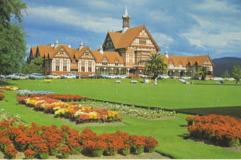 The Tudor Towers Rotorua NZ New Zealand Government Gardens Old Cars Postcard D22