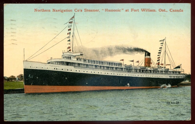 dc1058 - FORT WILLIAM Ontario Postcard 1913 Steamer HAMONIC Northern Navigation