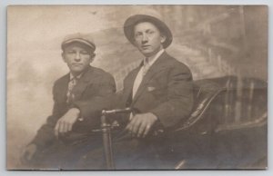 RPPC Two Dapper Young Men Automobile Studio Prop Real Photo Postcard F18