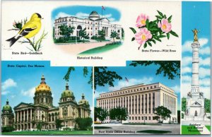 postcard Iowa State Bird, Flower, Capitol, Monument,Historical & Office Building