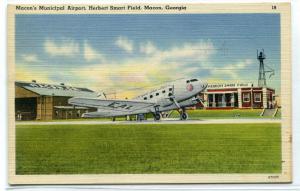 Macon Georgia Municipal Airport Plane Herbert Smart Field linen postcard