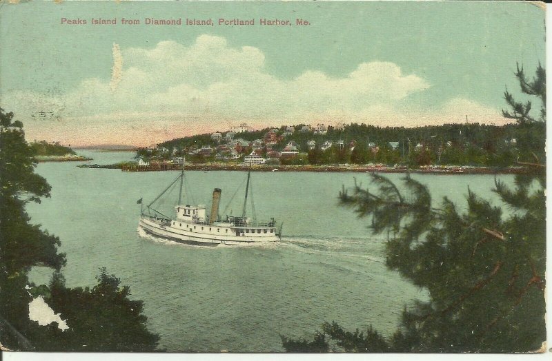 Portland Harbor, Maine, Peaks Island from Diamond Island --- Steamer