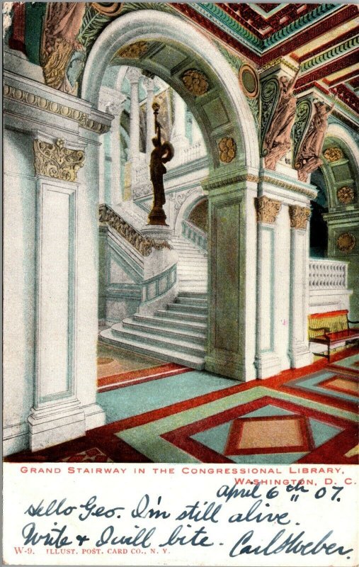 Vintage 1907 Grand Stairway in the Congressional Library Washington DC Postcard