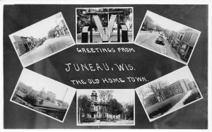 J40/ Juneau Wisconsin RPPC Postcard c1940s 6View Stores School Main St 150