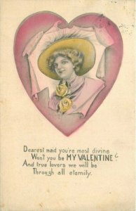 C-1910 Valentine Pretty Lady Heart Hand colored artist Postcard 21-7349