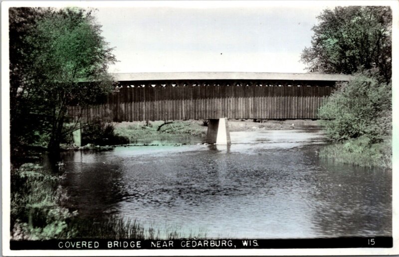 Hand Colored Real Photo Postcard Covered Bridge near Cedarburg, Wisconsin