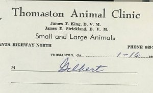 1967 Thomaston Animal Clinic Atlanta Hwy GA James T. King D.V.M. Invoice 343