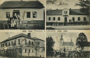 czech, LIBHOŠT' LIEBISCH, Multiview, School, Hotel, Church (1910s) Postcard