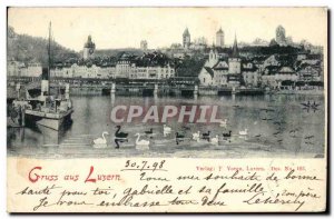 Old Postcard Gruss aus Luzern Switzerland Swan Boat