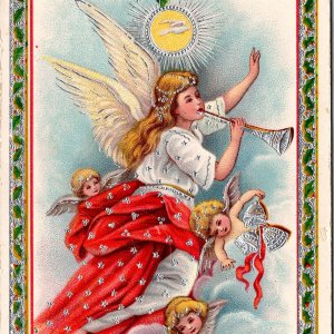 1914 Beautiful Christmas Angel Blowing Trumpet Cherubs Holly Border Gel Postcard
